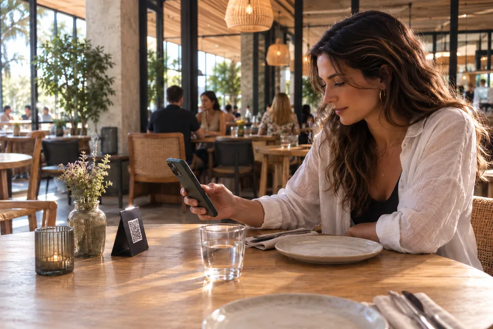 Cliente a apontar o telemóvel para um QR Code colocado na mesa de um restaurante.