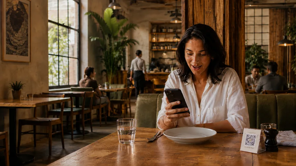 Cliente num restaurante a reagir ao conteúdo que vê no telemóvel.